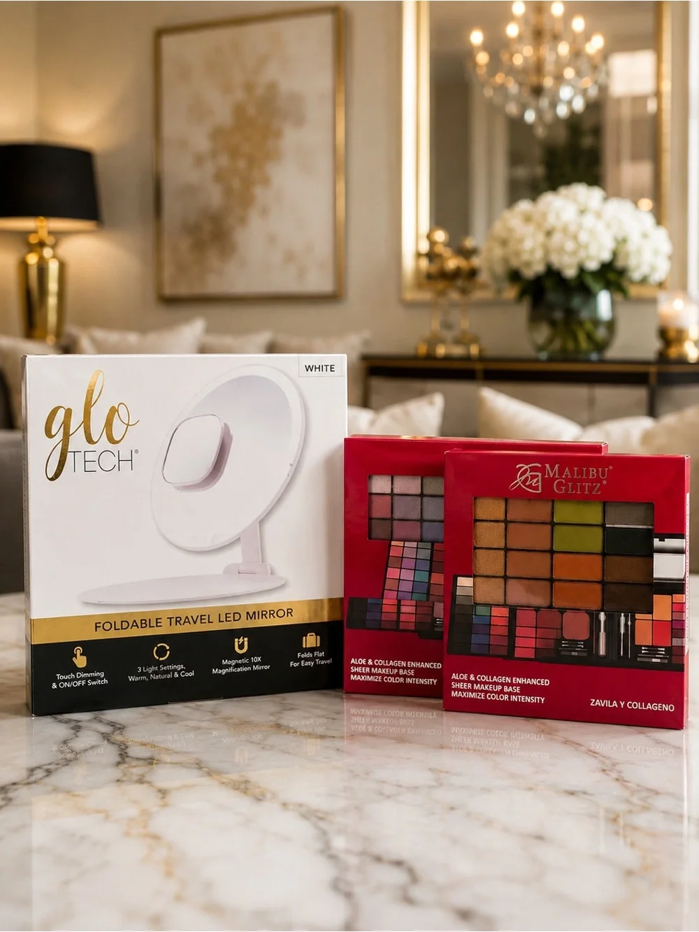 NWT GloTech LED Makeup Mirror + 2 Malibu Glitz Makeup Palettes Bundle